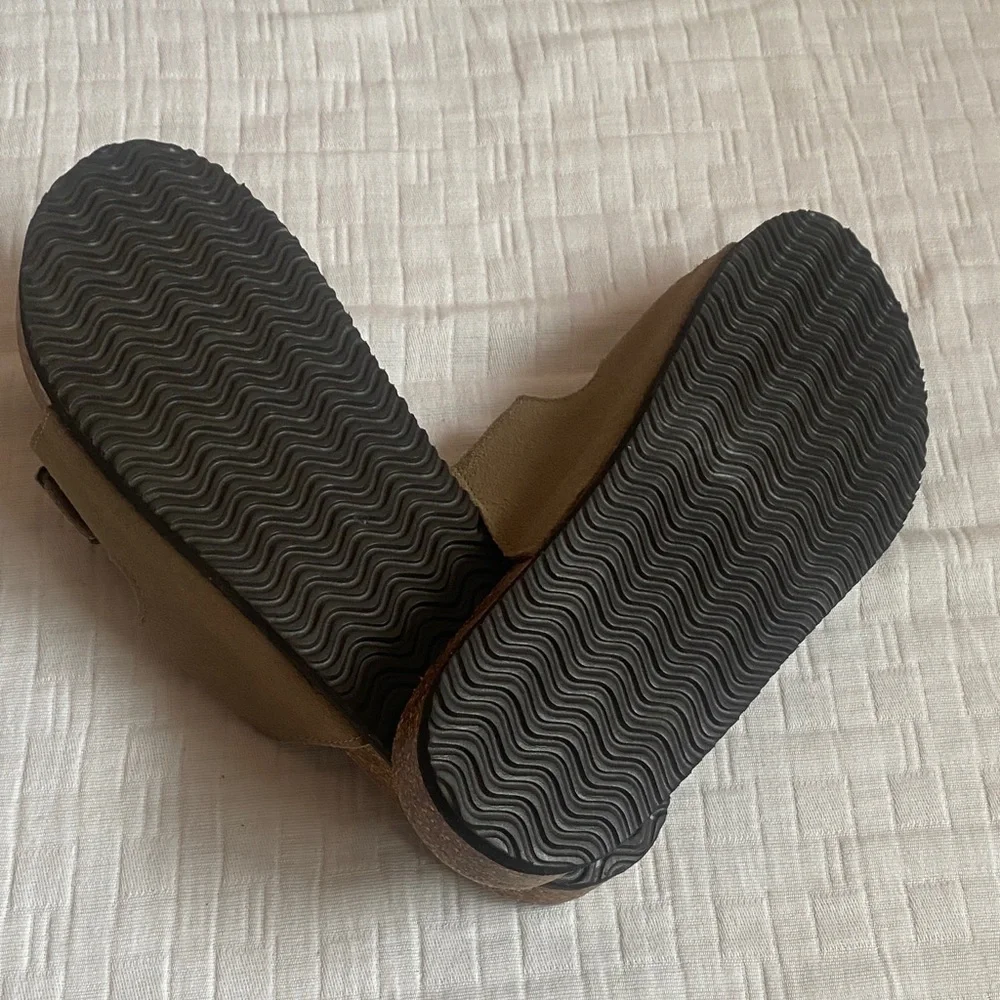 WOODSTOCK Two-Band Suede Slide Sandals in Taupe